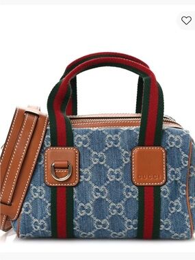 Gucci Denim GG Small Boston Top Handle Crossbody Bag Web Stripe
